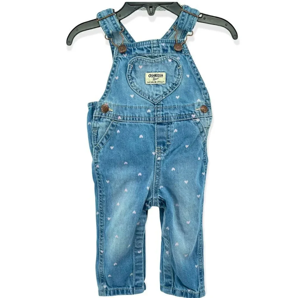 OshKosh B’gosh Baby Girl’s Vestbak Pink Hearts Denim Overalls Size 9M